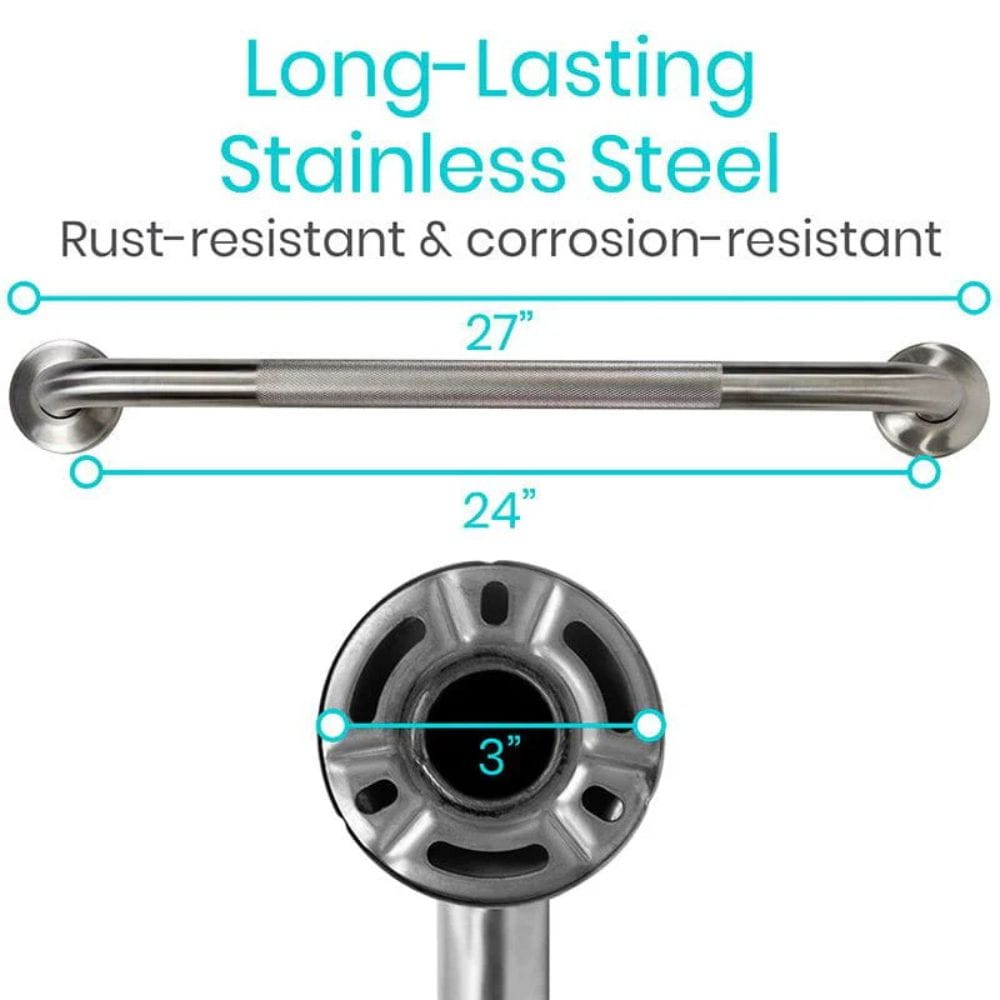 Stainless steel grab bar with dimensions and resistance features on a white background