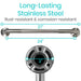 Stainless steel grab bar with dimensions and resistance features on a white background