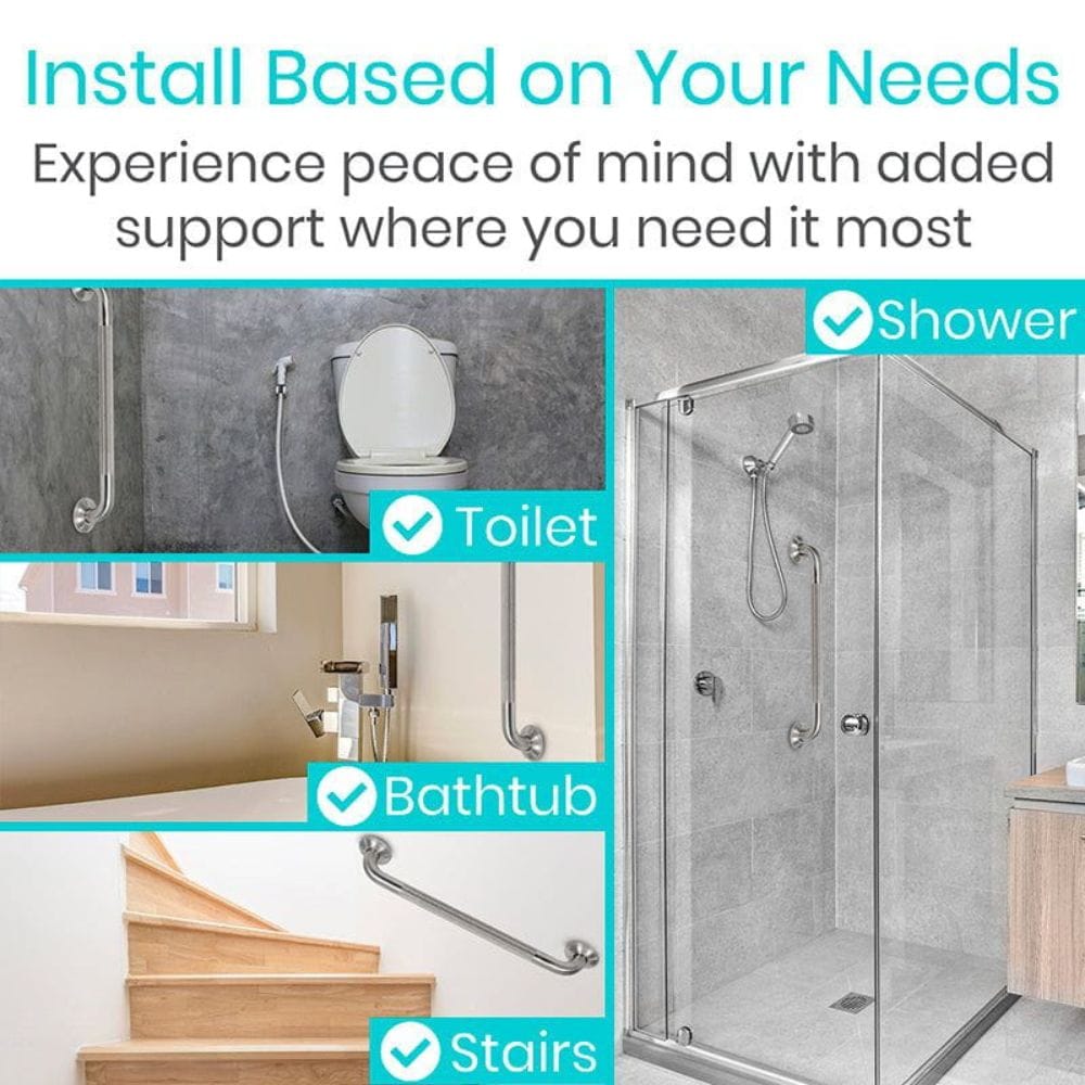 Advertisement for home safety products with images of a toilet, shower, bathtub, and stairs.