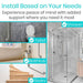 Advertisement for home safety products with images of a toilet, shower, bathtub, and stairs.