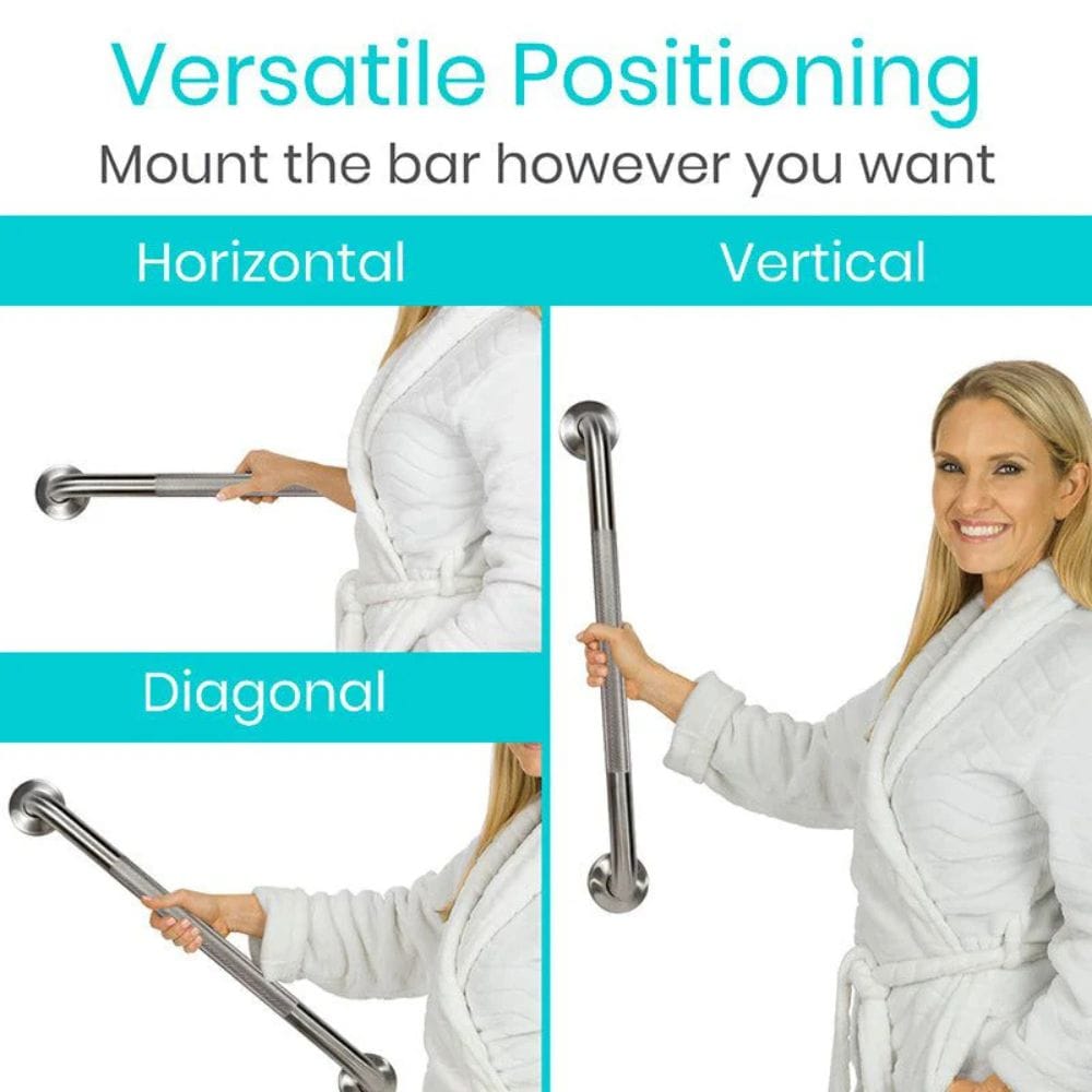Woman in a white robe holding a silver grab bar with text on versatile positioning.