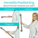 Woman in a white robe holding a silver grab bar with text on versatile positioning.