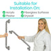 Woman in a white robe holding a stainless steel grab bar with text indicating suitability for various surfaces.