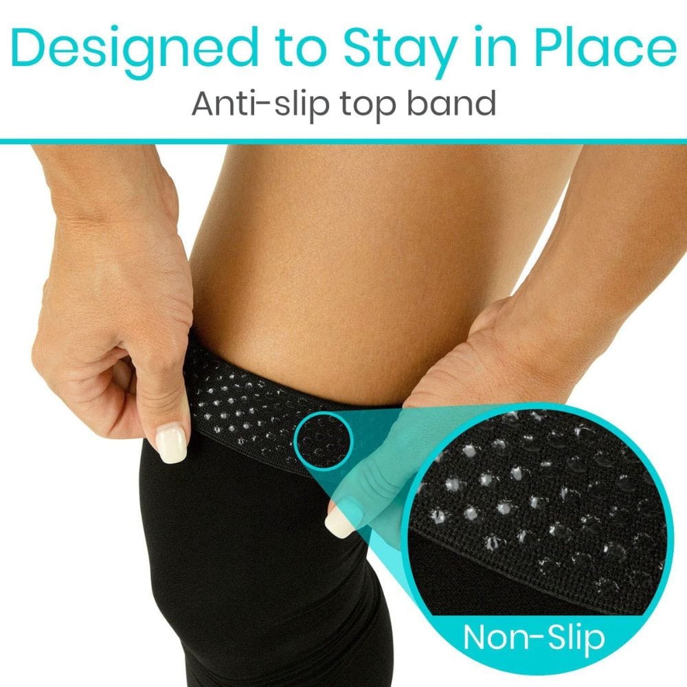 Anti-slip top band being worn and held by a person with close-up of non-slip surface.