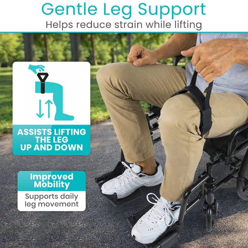 Person using a wheelchair with leg support system in an outdoor setting