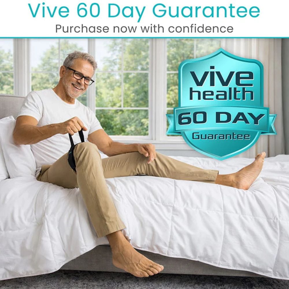 Man sitting on a bed using a Vive Health product with a 60-day guarantee badge.