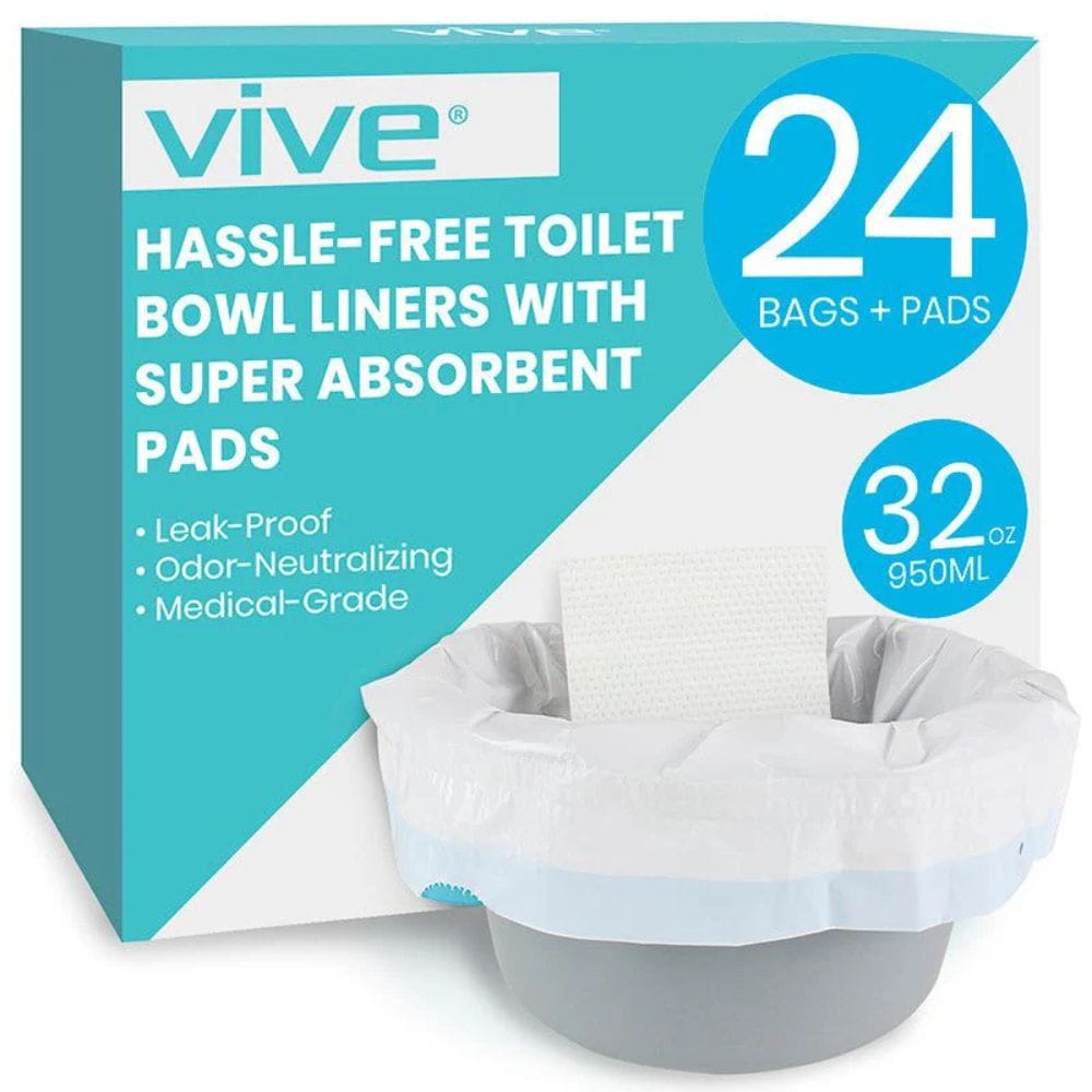 Vive hassle-free toilet bowl liners packaging with text and images on a white background