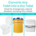 Product advertisement showing a regular toilet, bucket, and travel toilet with text indicating conversion capabilities.