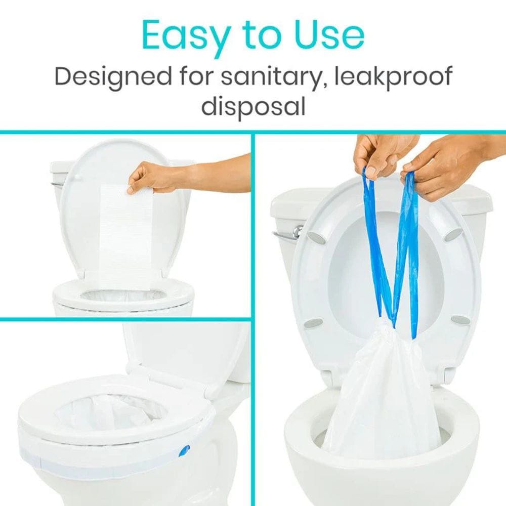 Product demonstration of a sanitary, leakproof disposal system for a toilet.