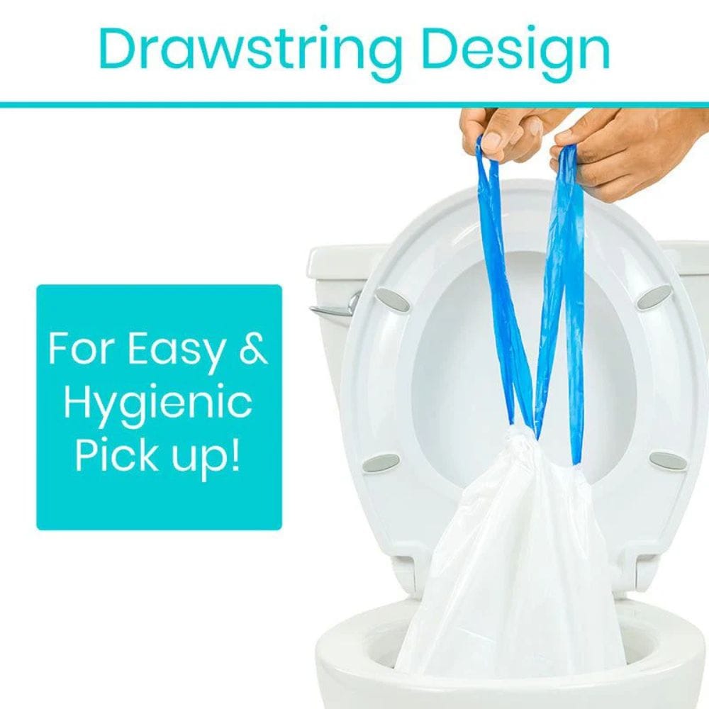 Drawstring design for easy and hygienic pick-up with a hand holding a blue drawstring over a white trash bag.