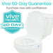 White toilet with open lid and seat, featuring Vive Health 60-day guarantee badge on a white background.