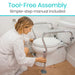 Woman installing a toilet seat raiser with text about tool-free assembly and a simple-step manual.