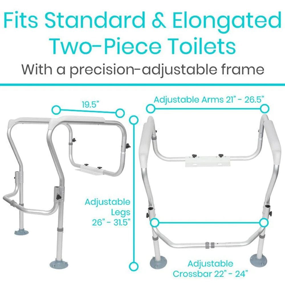 Toilet safety frame with adjustable dimensions on a white background