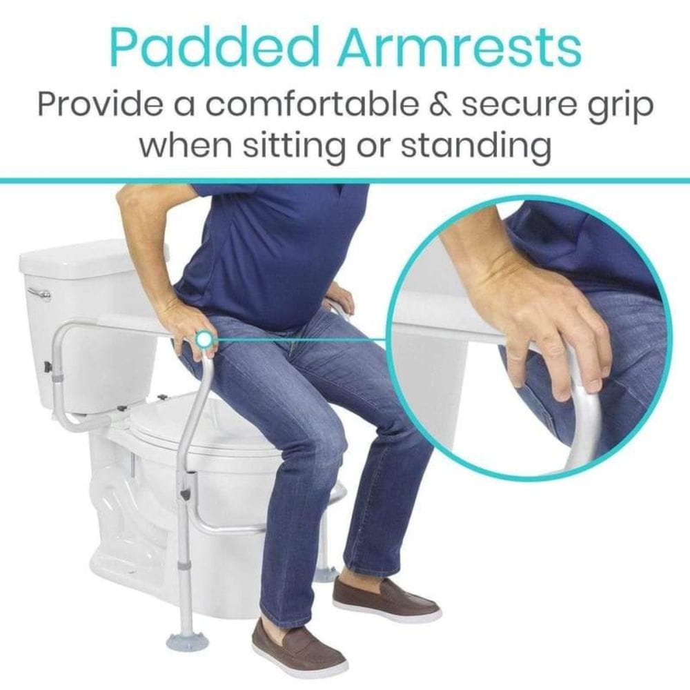 Person using a toilet safety rail with text highlighting padded armrests.