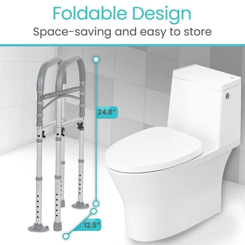 Foldable design walker next to a toilet with space-saving features highlighted.