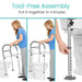 Woman using a tool-free assembly walker next to a toilet with text 'Tool-Free Assembly Put it together in minutes'.