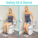Woman using a safety seat and stand product on a toilet.