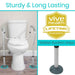Toilet safety frame with Vive Health lifetime guarantee badge on a bathroom background