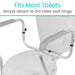 Toilet safety rail attached to a white toilet with text indicating compatibility and installation method.