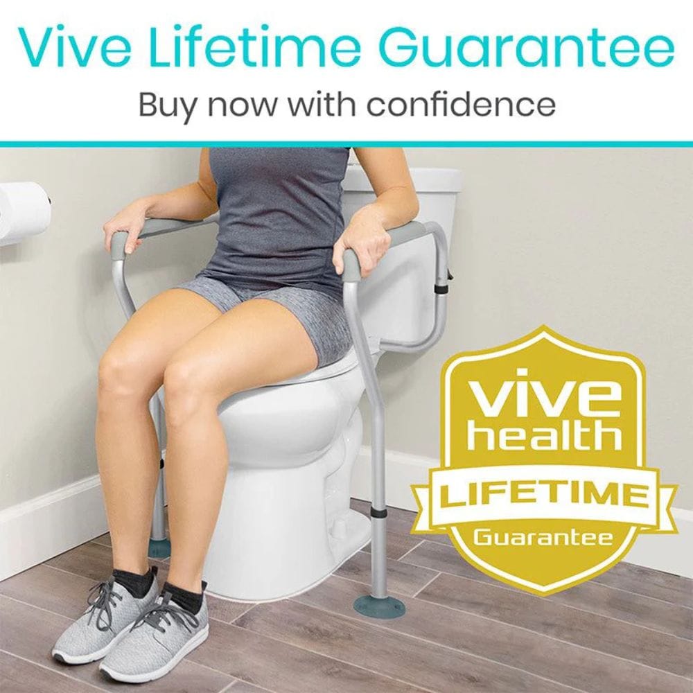 Person using a Vive toilet safety seat with a lifetime guarantee badge.