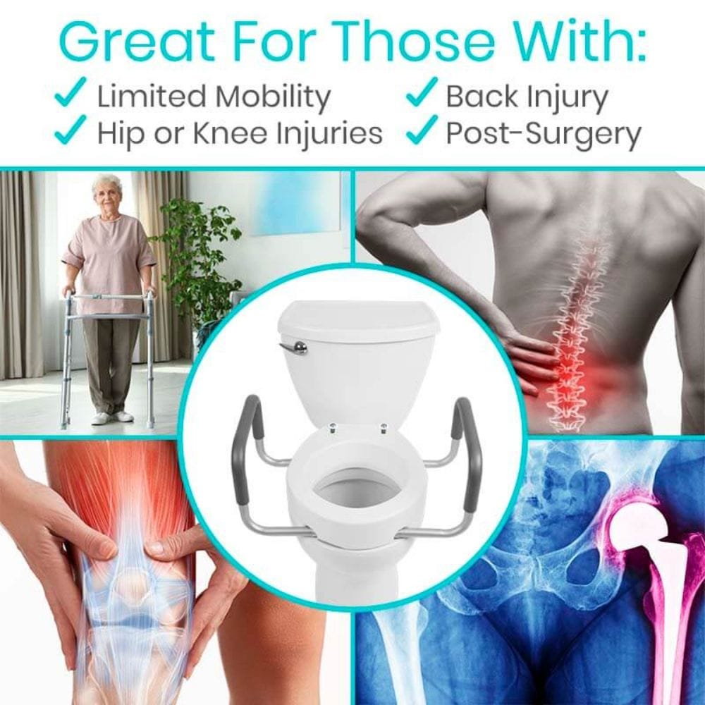 Advertisement for a toilet seat with features suitable for those with limited mobility, back injury, hip or knee injuries, and post-surgery.