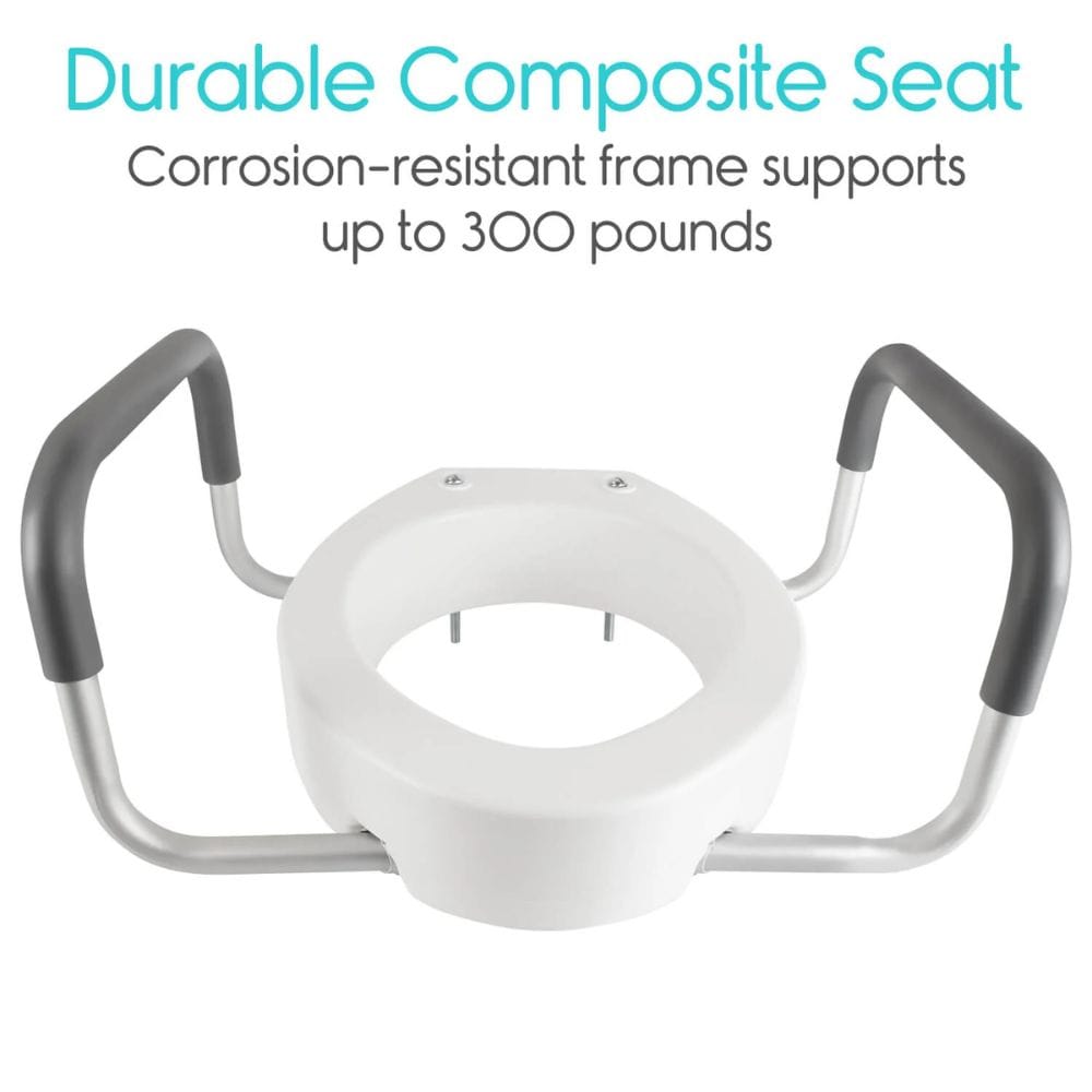 White toilet seat with gray metal frame on a white background, featuring text about durability and weight capacity.