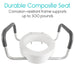 White toilet seat with gray metal frame on a white background, featuring text about durability and weight capacity.