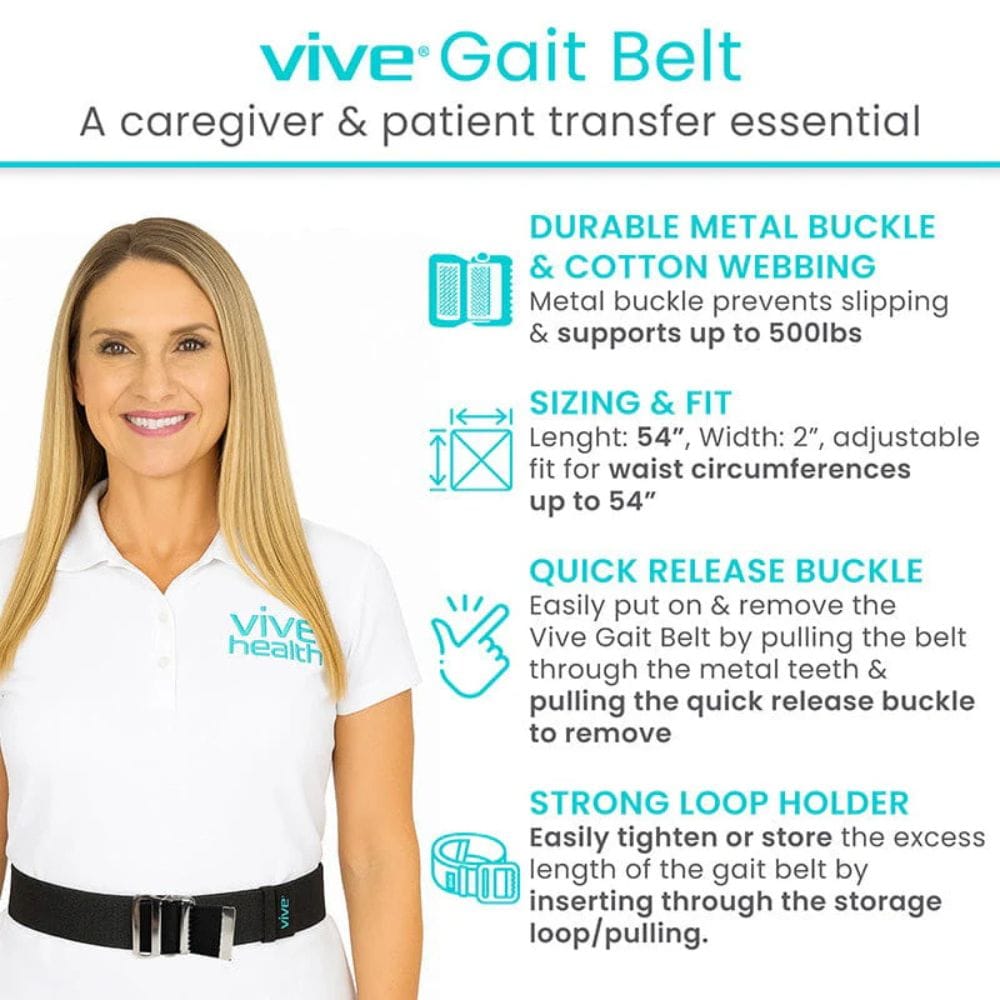 Vive Gait Belt advertisement with a woman wearing the belt, highlighting features like durable metal buckle, quick release buckle, and strong loop holder.