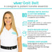 Vive Gait Belt advertisement with a woman wearing the belt, highlighting features like durable metal buckle, quick release buckle, and strong loop holder.