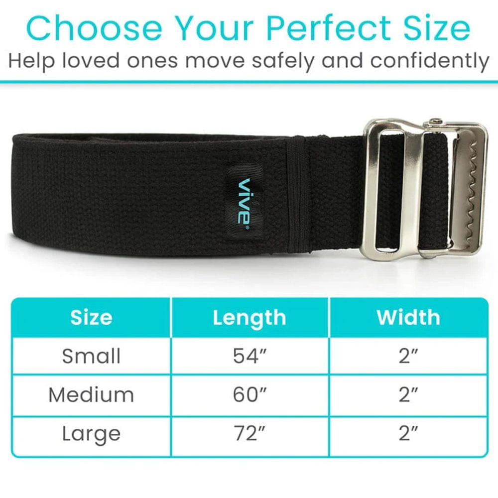 Black belt with silver buckle and size chart on a white background