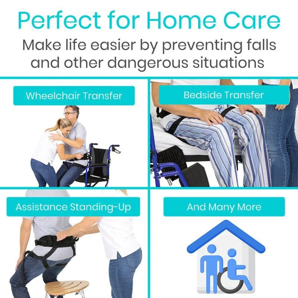 Product advertisement for home care assistance with images of wheelchair transfer, bedside transfer, and assistance standing-up.