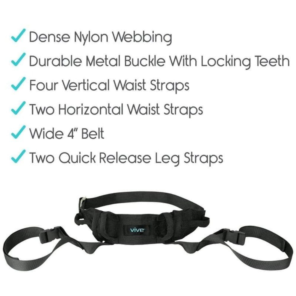 Black harness with straps and Vive logo on a white background with feature text.