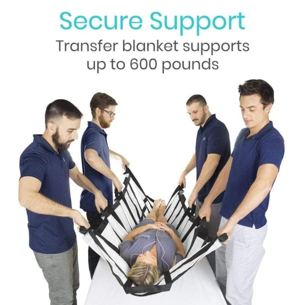 People using a transfer blanket to lift a person, with text indicating support capacity.