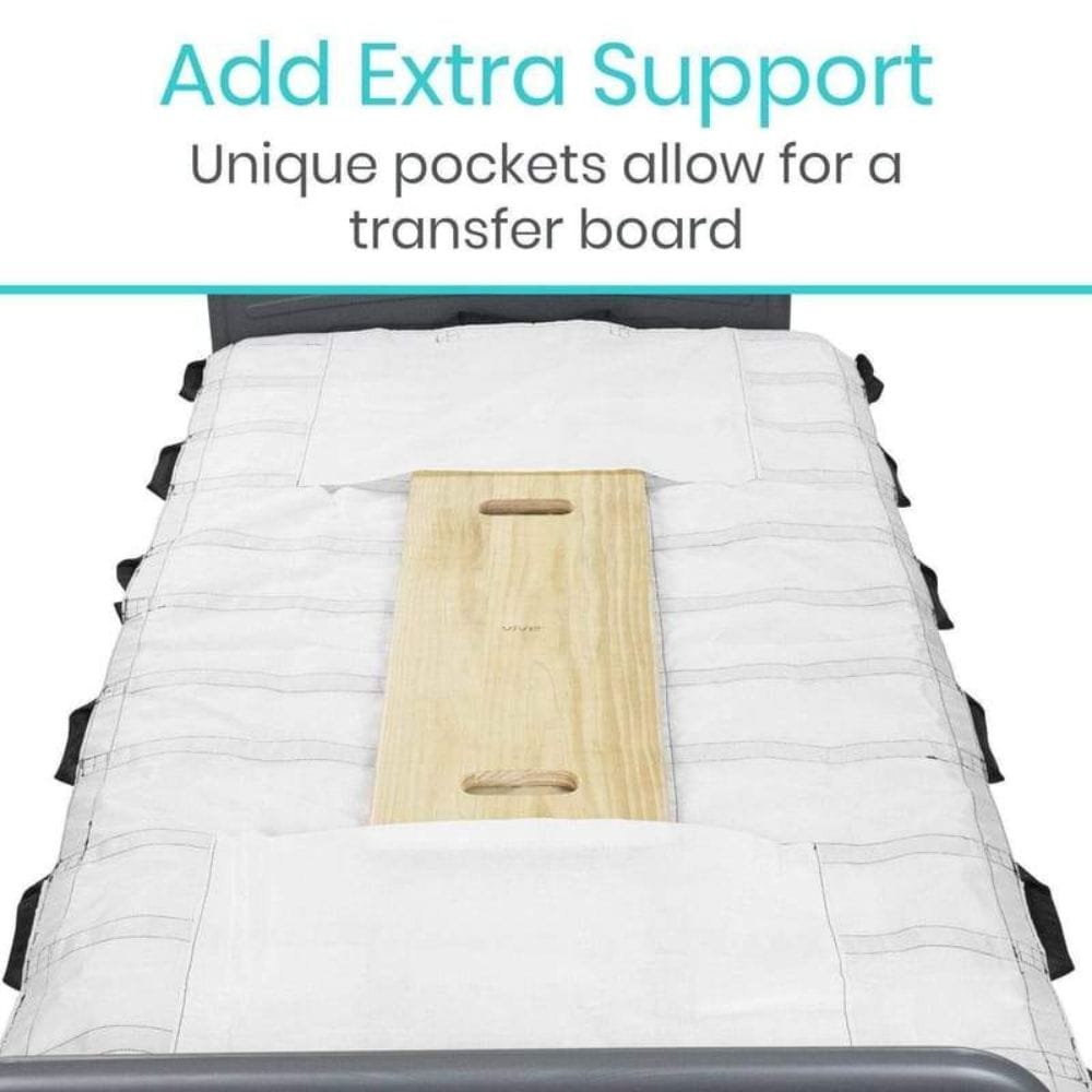 White mattress with a wooden transfer board and text 'Add Extra Support' on a white background