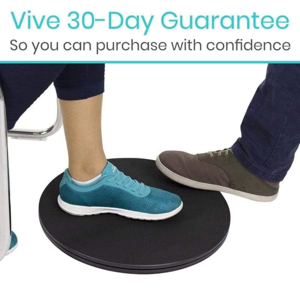 Person using a black step platform with text about a 30-day guarantee.