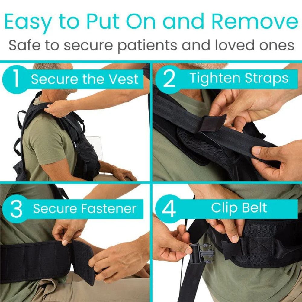Instructions on how to put on and remove a safety vest with text and images.