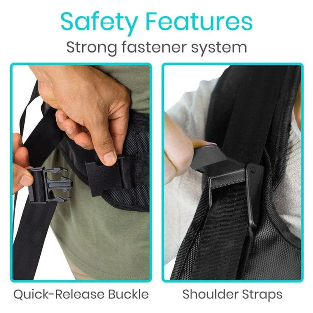 Safety features of a product with quick-release buckle and shoulder straps.