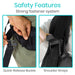 Safety features of a product with quick-release buckle and shoulder straps.