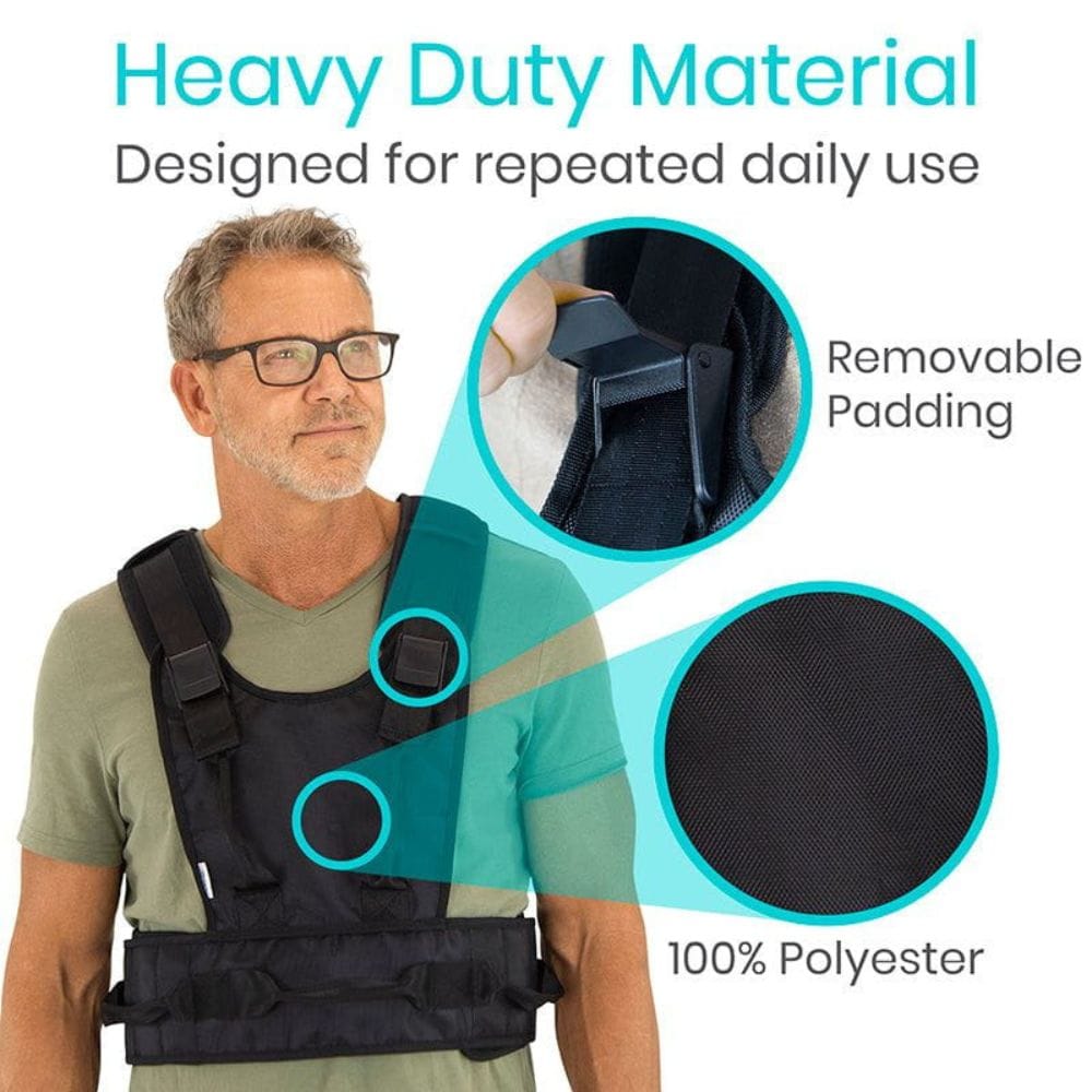 Man wearing a black shoulder brace with text highlighting 'Heavy Duty Material', 'Removable Padding', and '100% Polyester'.