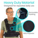 Man wearing a black shoulder brace with text highlighting 'Heavy Duty Material', 'Removable Padding', and '100% Polyester'.