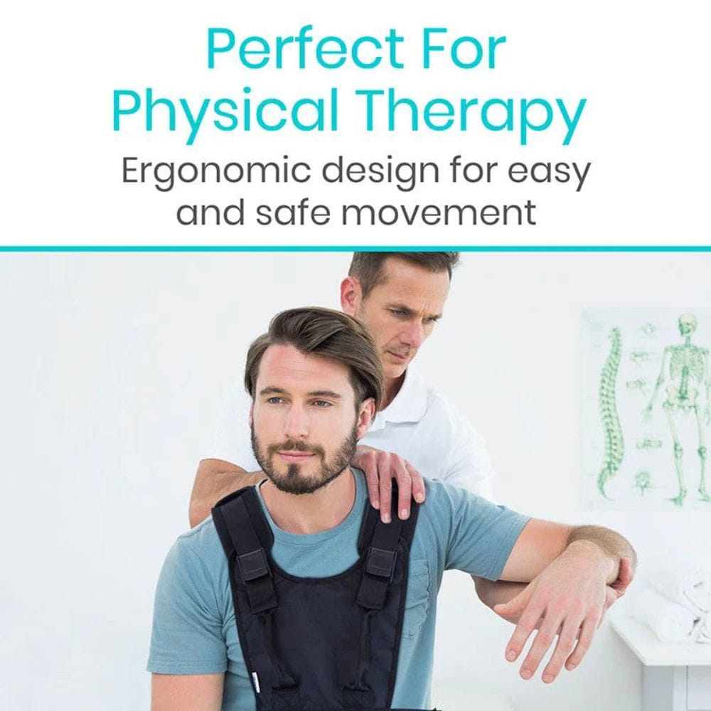 Person wearing an ergonomic back brace with text about physical therapy and safe movement.
