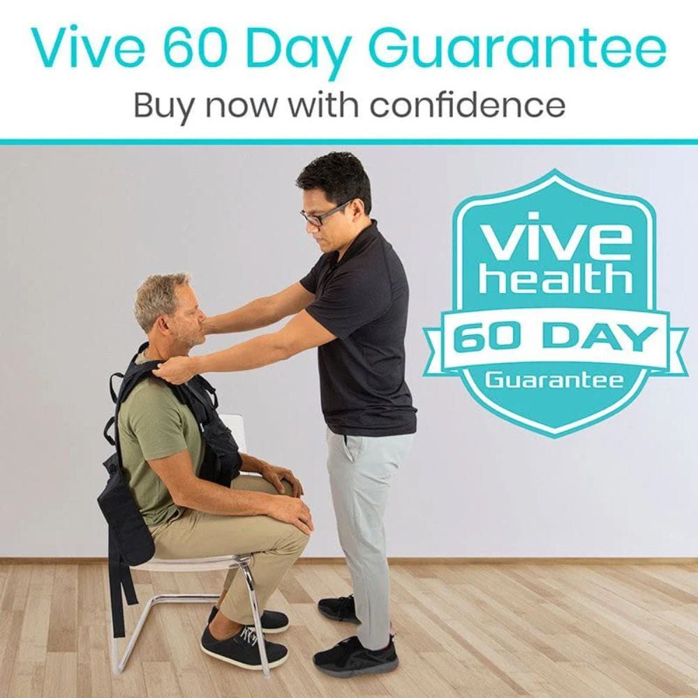 Person adjusting a back brace on another person with 'Vive Health' branding and 60-day guarantee text.