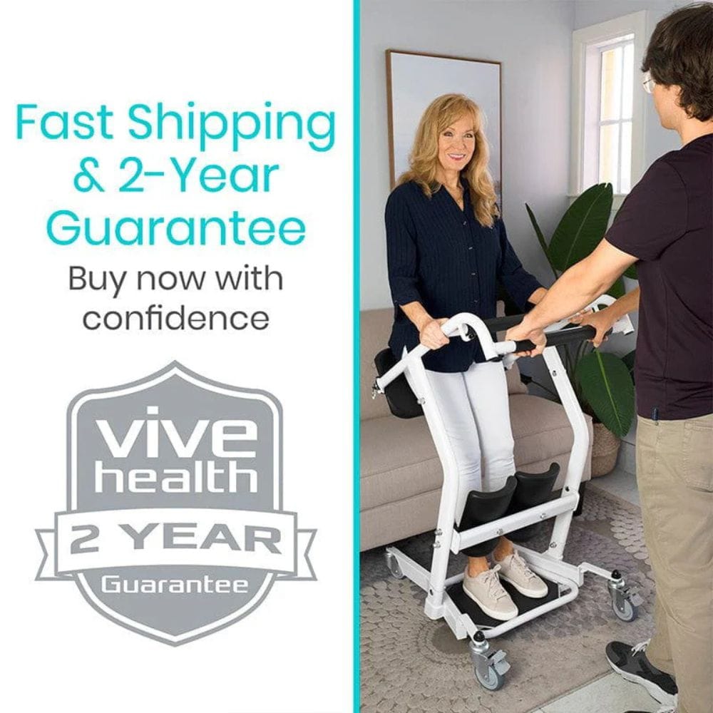Person using a Vive Health product with promotional text about fast shipping and a 2-year guarantee.
