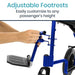 Adjustable footrests on a vehicle with text indicating customization for various heights.