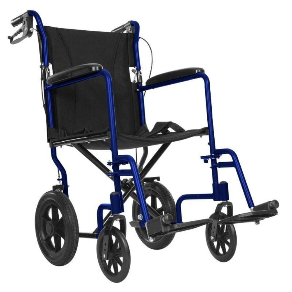 Blue and black wheelchair on a white background