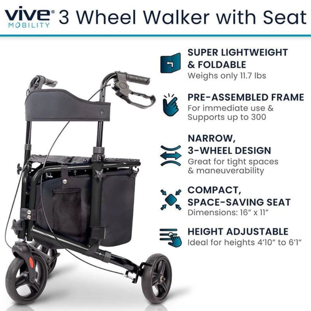 Vive Mobility 3 wheel walker with seat on a white background with feature text.