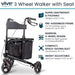 Vive Mobility 3 wheel walker with seat on a white background with feature text.