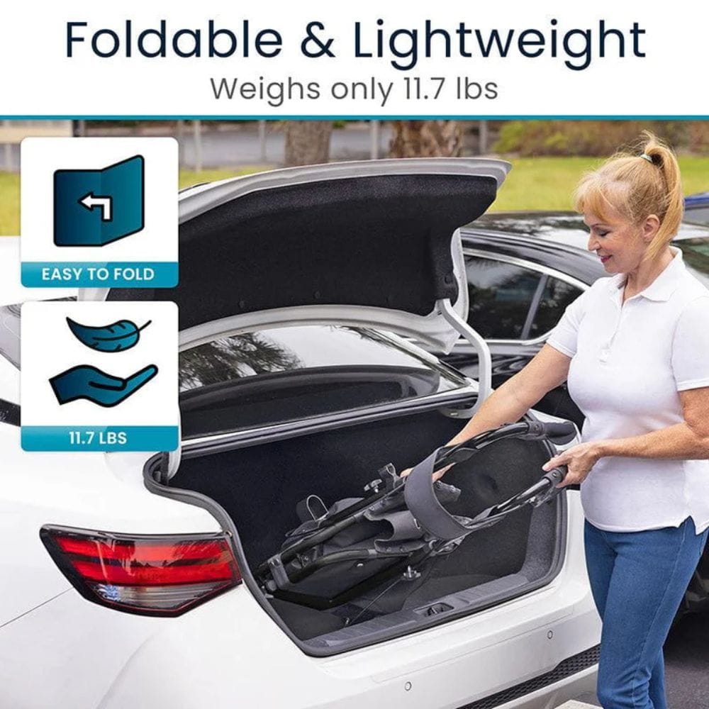 Woman opening a car trunk with a folded product, highlighting its foldable and lightweight features.