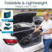 Woman opening a car trunk with a folded product, highlighting its foldable and lightweight features.
