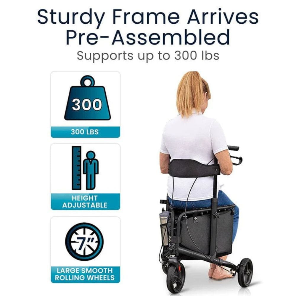 Person using a mobility scooter with text highlighting features like weight capacity, adjustable height, and smooth rolling wheels.
